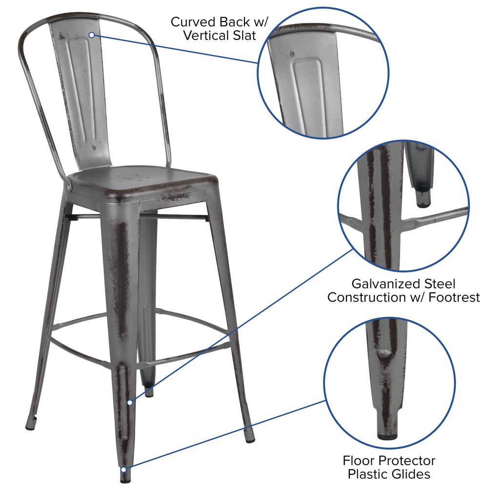 Commercial Grade 30" High Distressed Silver Gray Metal Indoor-Outdoor Barstool with Back. Picture 3