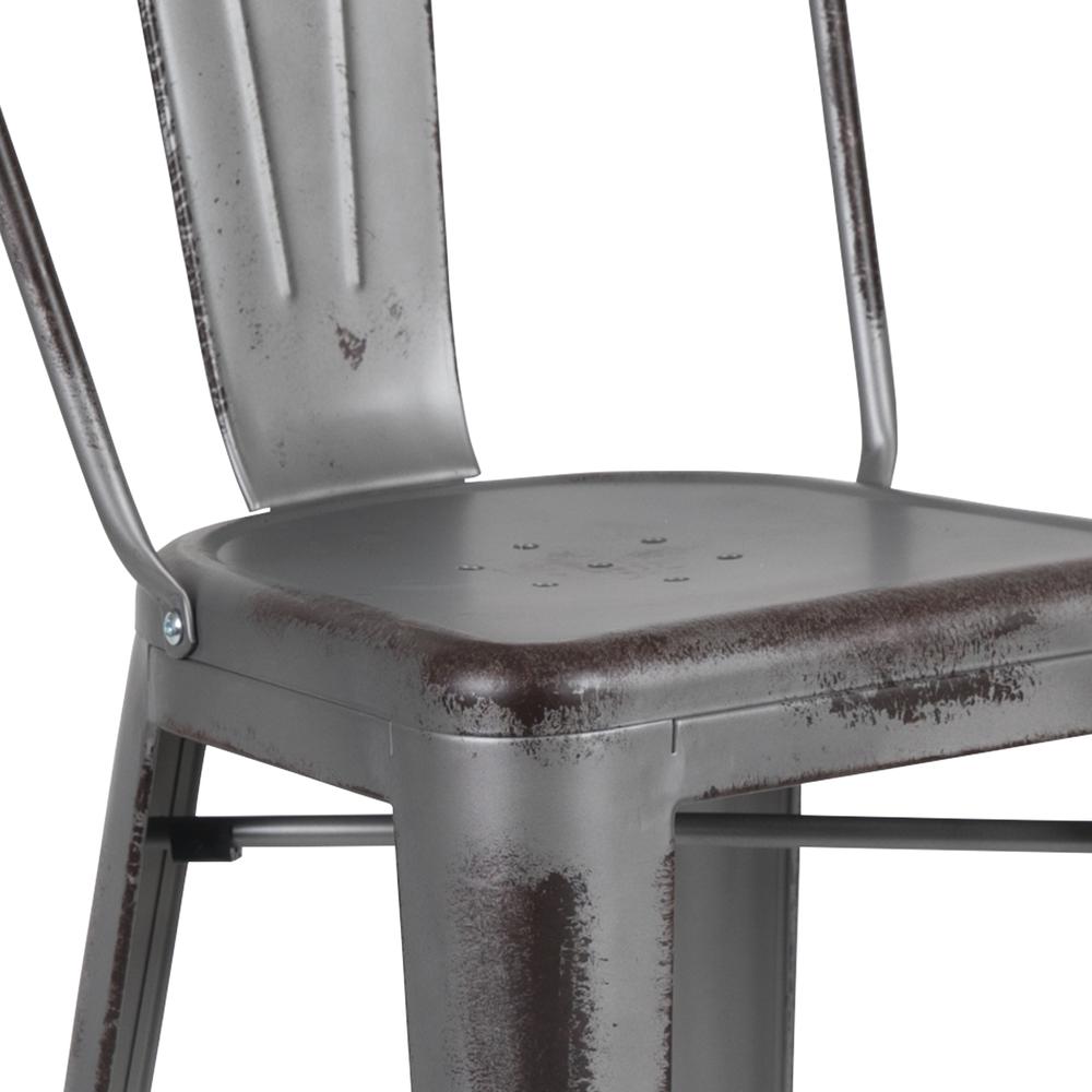 Commercial Grade 30" High Distressed Silver Gray Metal Indoor-Outdoor Barstool with Back. Picture 7