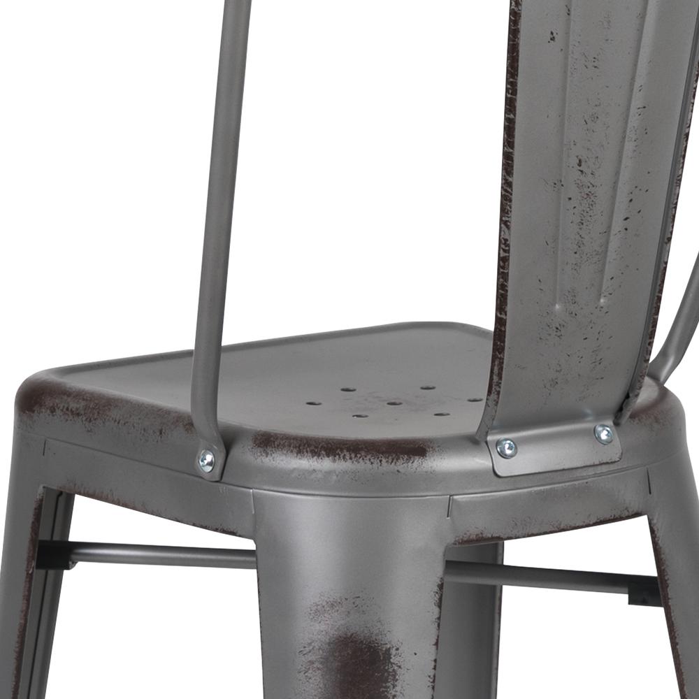 Commercial Grade 30" High Distressed Silver Gray Metal Indoor-Outdoor Barstool with Back. Picture 8