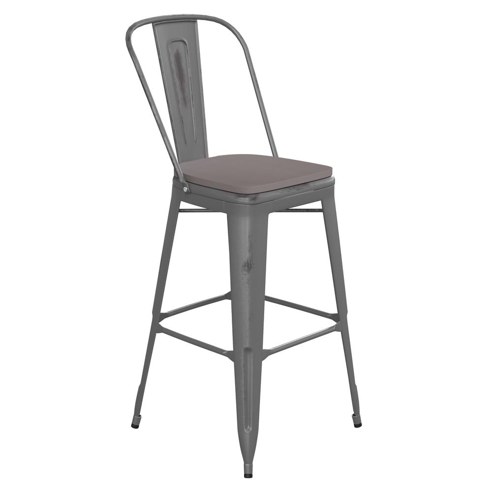 30" High Silver Gray Metal Indoor-Barstool with Gray Poly Resin Wood Seat. Picture 2