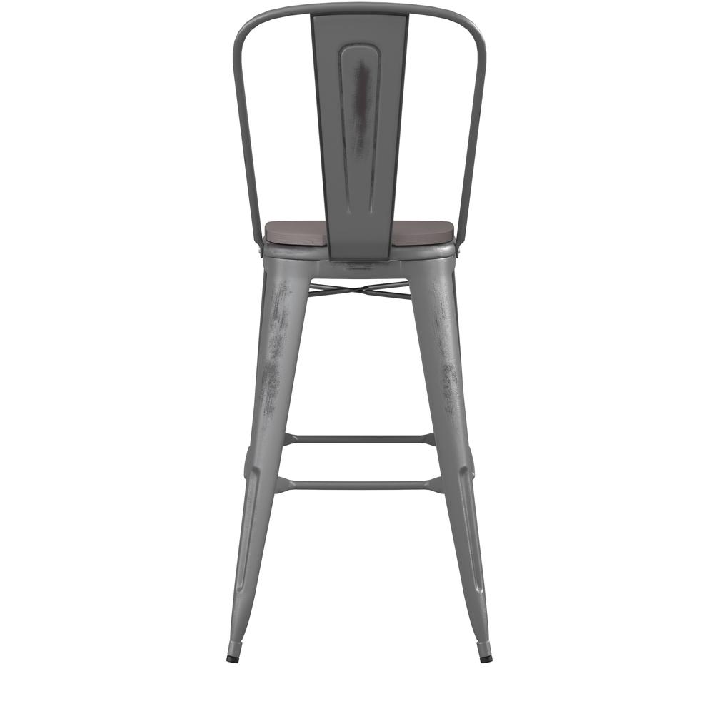 30" High Silver Gray Metal Indoor-Barstool with Gray Poly Resin Wood Seat. Picture 9