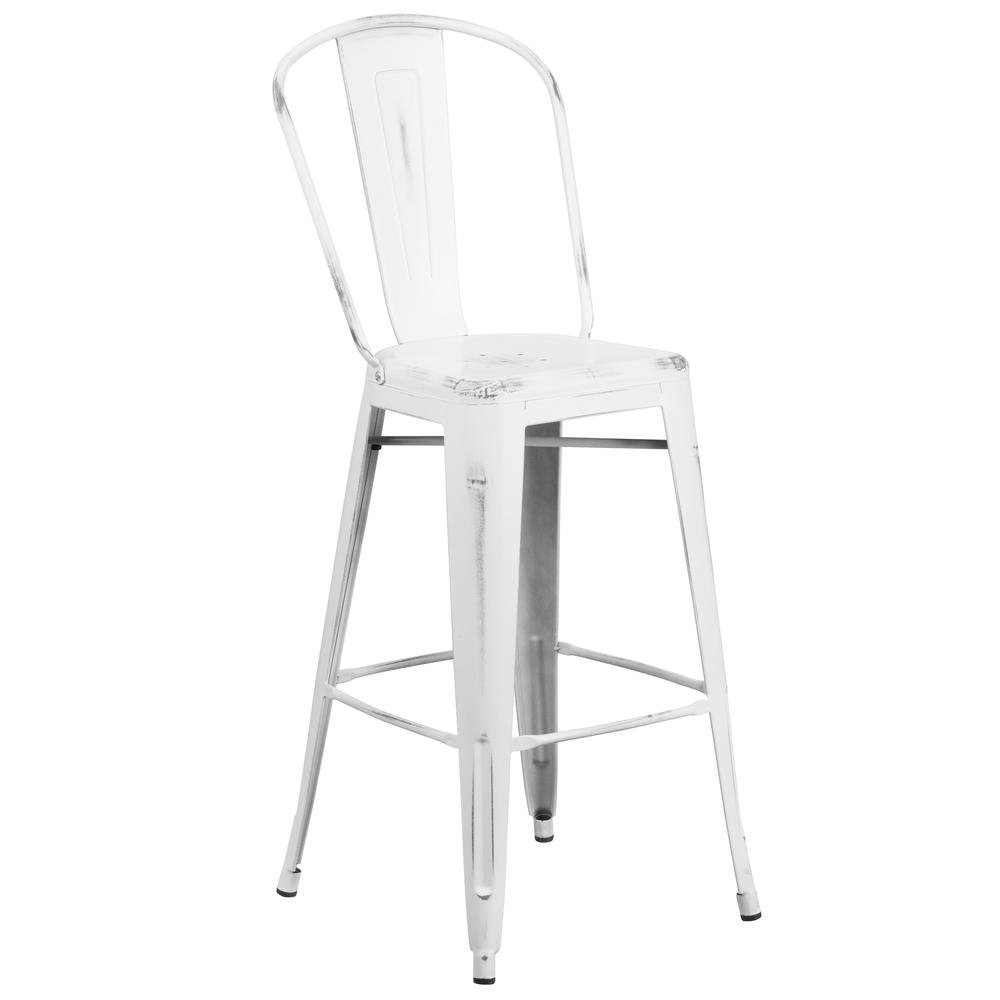 Commercial Grade 30" High Distressed White Metal Indoor-Outdoor Barstool with Back. Picture 1