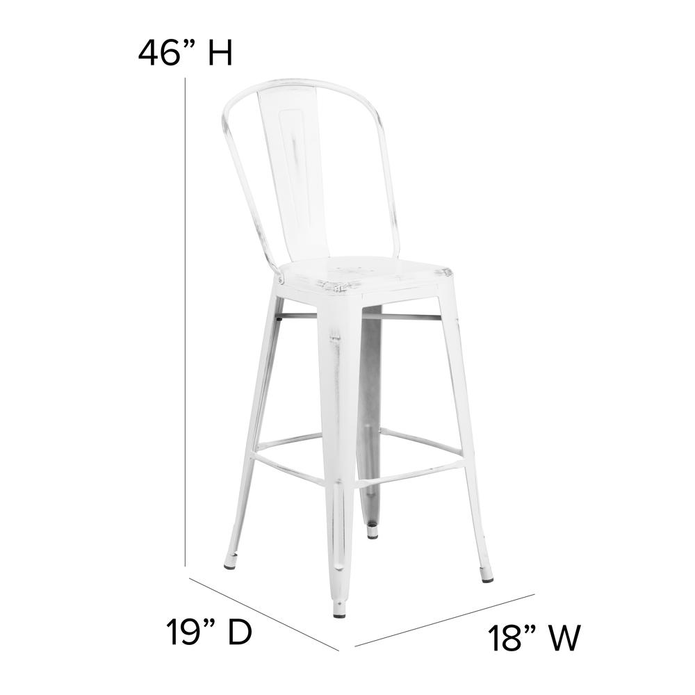 Commercial Grade 30" High Distressed White Metal Indoor-Outdoor Barstool with Back. Picture 2