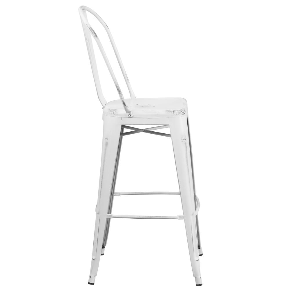 Commercial Grade 30" High Distressed White Metal Indoor-Outdoor Barstool with Back. Picture 3
