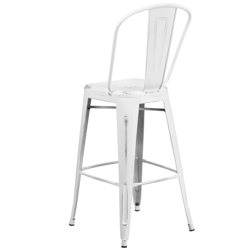 Commercial Grade 30" High Distressed White Metal Indoor-Outdoor Barstool with Back. Picture 4