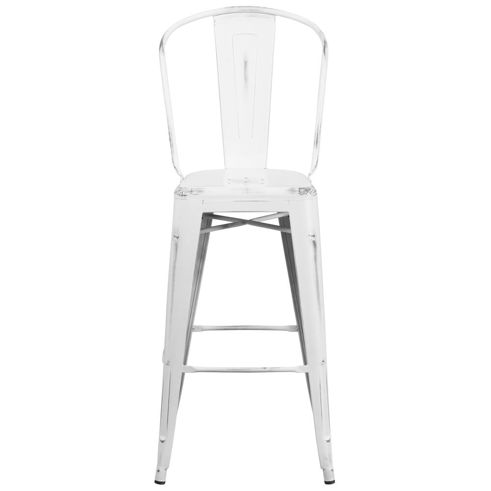 Commercial Grade 30" High Distressed White Metal Indoor-Outdoor Barstool with Back. Picture 5