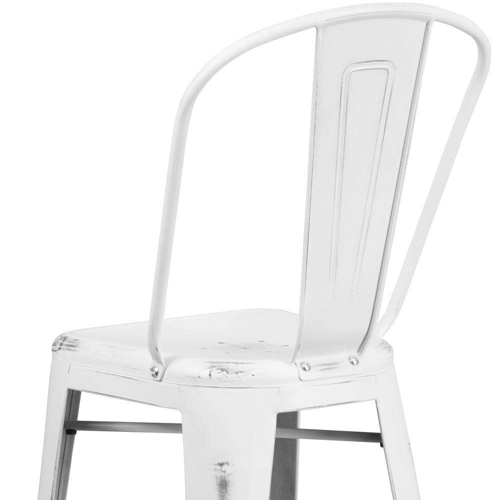 Commercial Grade 30" High Distressed White Metal Indoor-Outdoor Barstool with Back. Picture 7