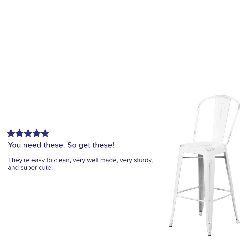 Commercial Grade 30" High Distressed White Metal Indoor-Outdoor Barstool with Back. Picture 8