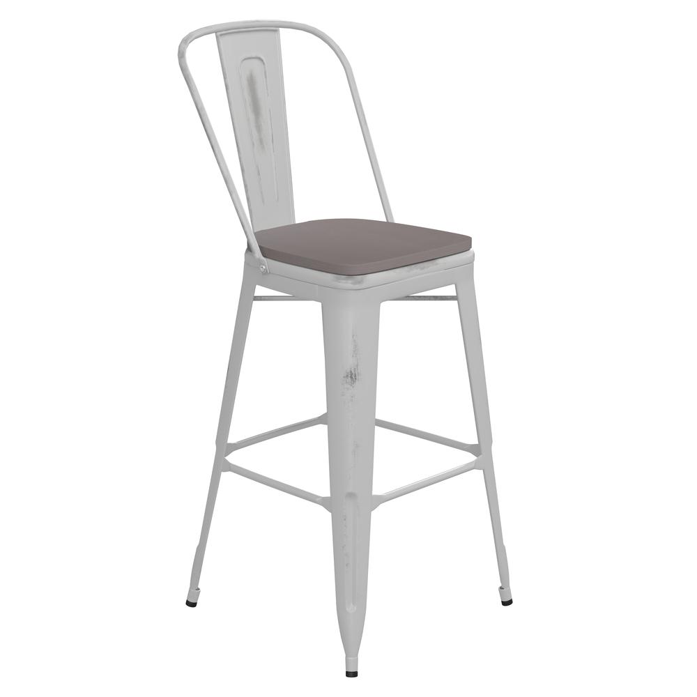 30" High White Metal Indoor-Outdoor Barstool with Gray Poly Resin Wood Seat. Picture 2