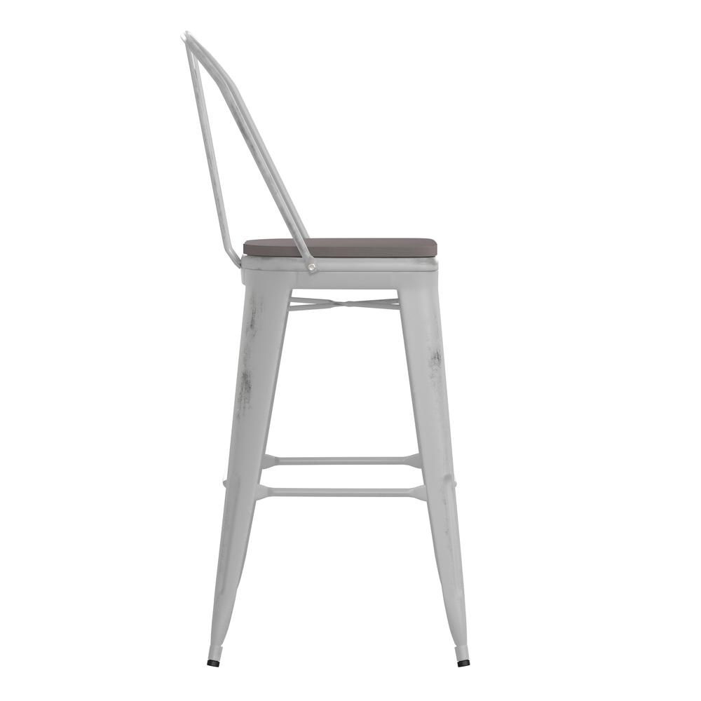 30" High White Metal Indoor-Outdoor Barstool with Gray Poly Resin Wood Seat. Picture 10
