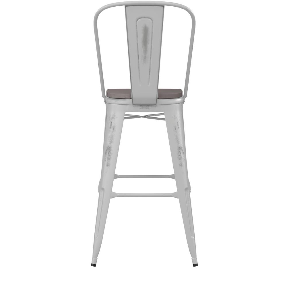 30" High White Metal Indoor-Outdoor Barstool with Gray Poly Resin Wood Seat. Picture 9
