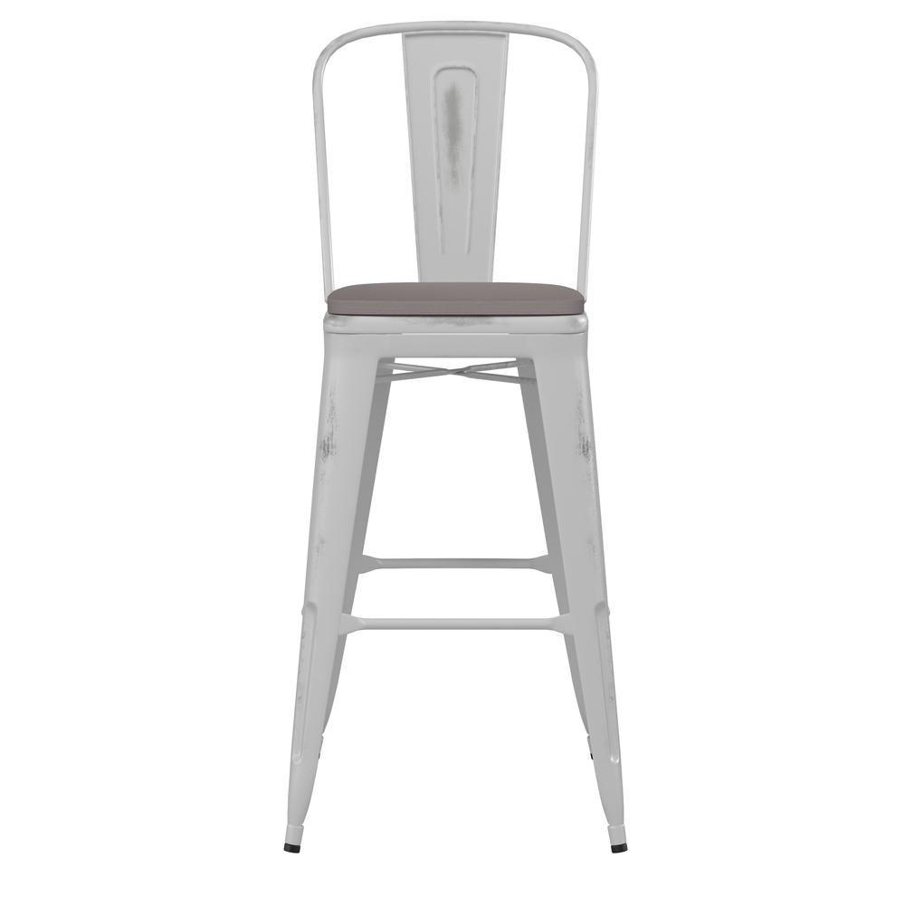 30" High White Metal Indoor-Outdoor Barstool with Gray Poly Resin Wood Seat. Picture 11