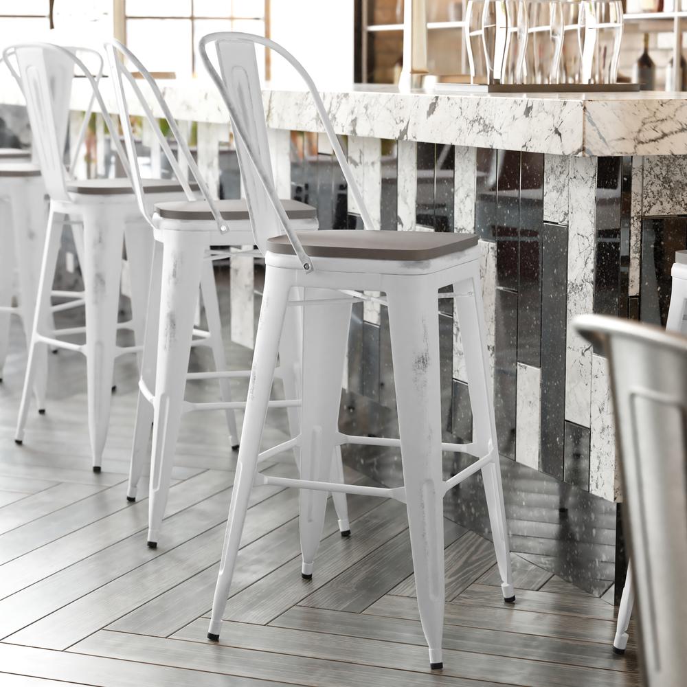 30" High White Metal Indoor-Outdoor Barstool with Gray Poly Resin Wood Seat. Picture 1