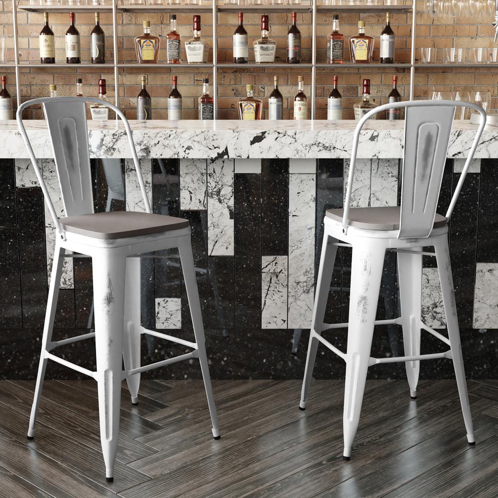 30" High White Metal Indoor-Outdoor Barstool with Gray Poly Resin Wood Seat. Picture 7