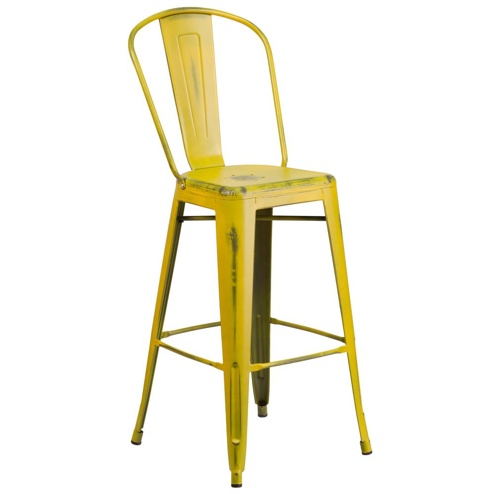 Commercial Grade 30" High Distressed Yellow Metal Indoor-Outdoor Barstool with Back. Picture 1