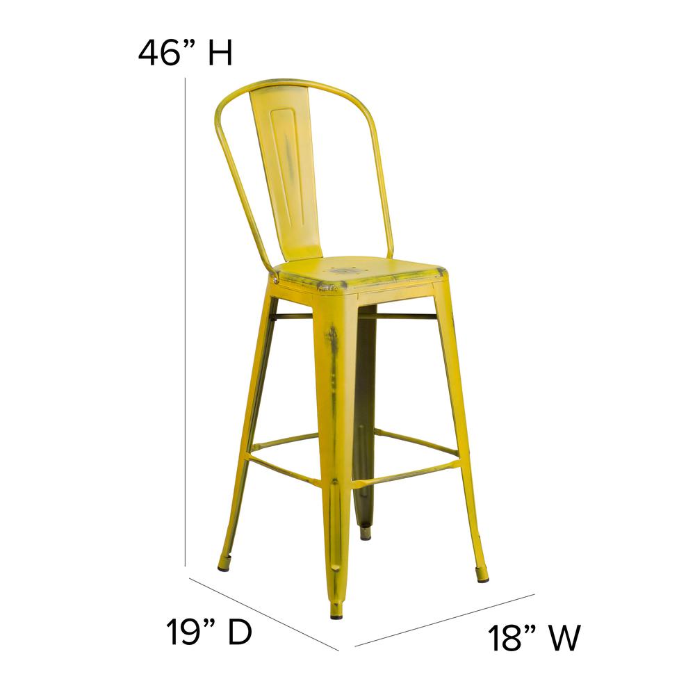 Commercial Grade 30" High Distressed Yellow Metal Indoor-Outdoor Barstool with Back. Picture 2