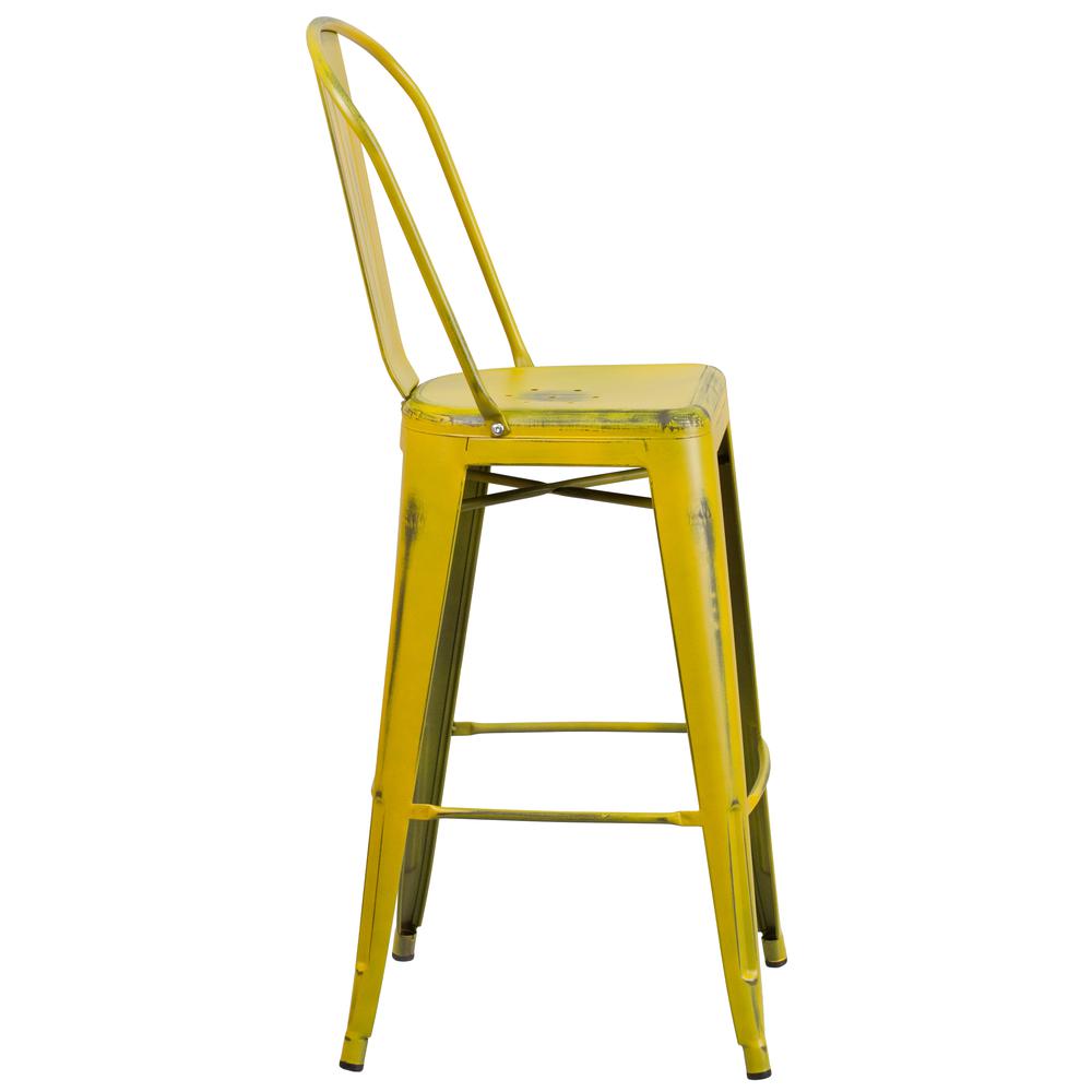 Commercial Grade 30" High Distressed Yellow Metal Indoor-Outdoor Barstool with Back. Picture 3
