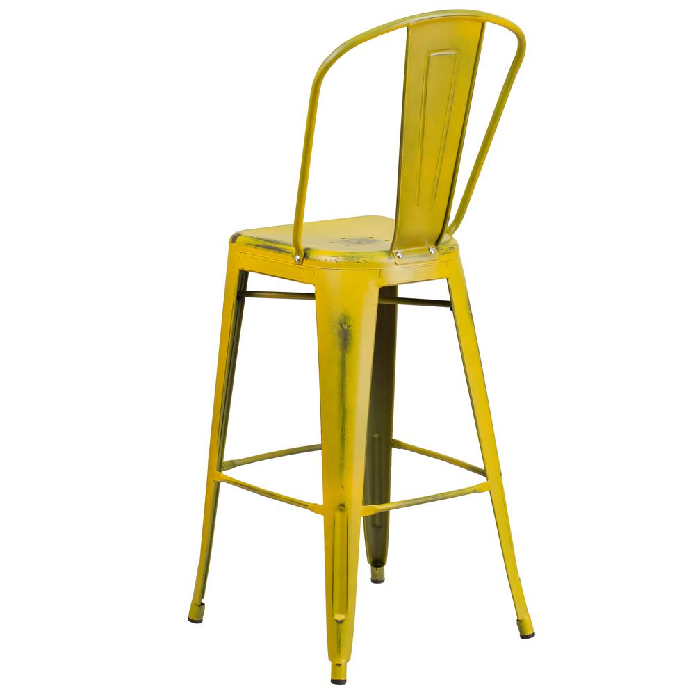 Commercial Grade 30" High Distressed Yellow Metal Indoor-Outdoor Barstool with Back. Picture 4