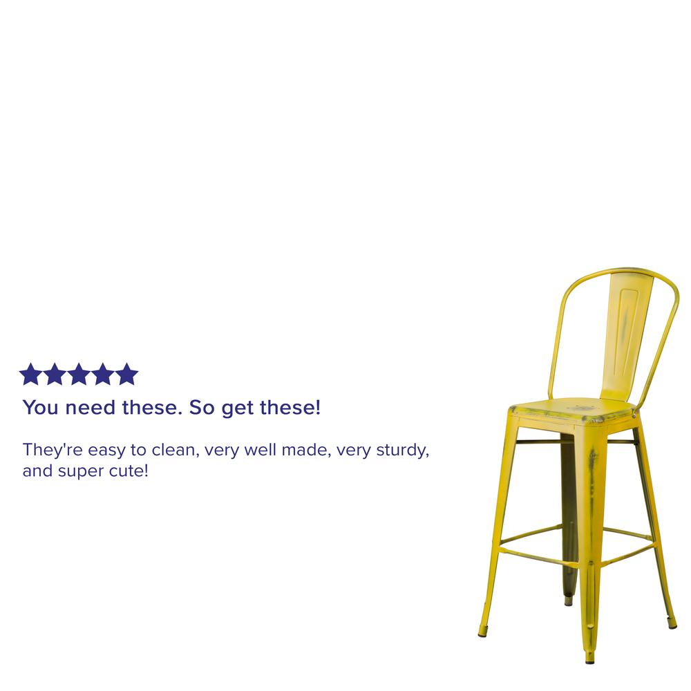 Commercial Grade 30" High Distressed Yellow Metal Indoor-Outdoor Barstool with Back. Picture 6