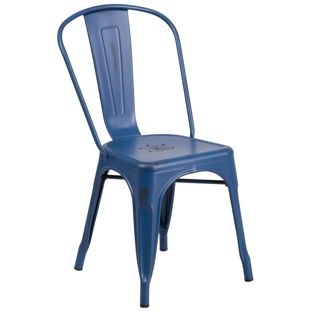 Commercial Grade Distressed Antique Blue Metal Indoor-Outdoor Stackable Chair. Picture 1
