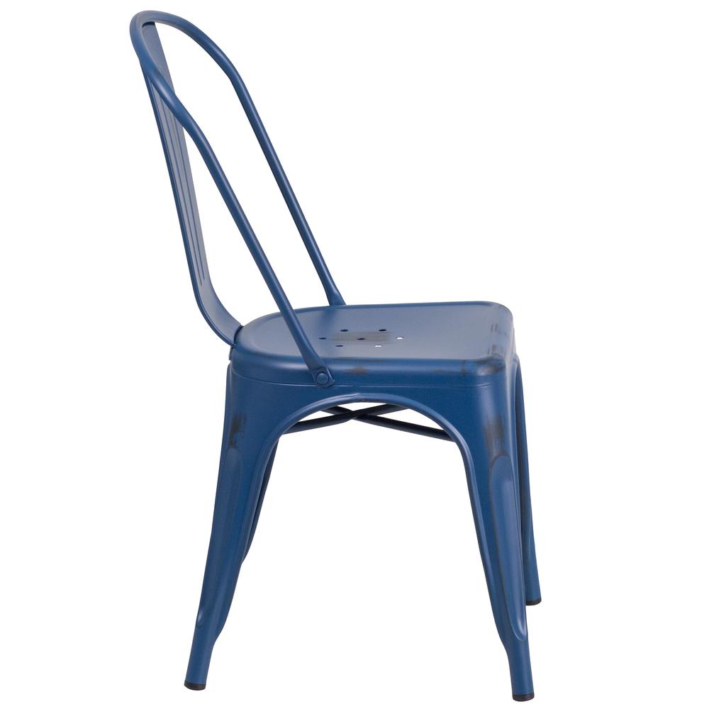 Commercial Grade Distressed Antique Blue Metal Indoor-Outdoor Stackable Chair. Picture 3