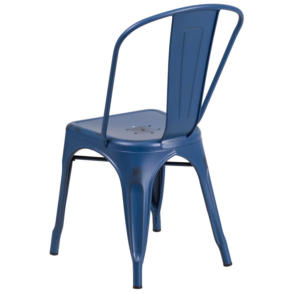 Commercial Grade Distressed Antique Blue Metal Indoor-Outdoor Stackable Chair. Picture 4