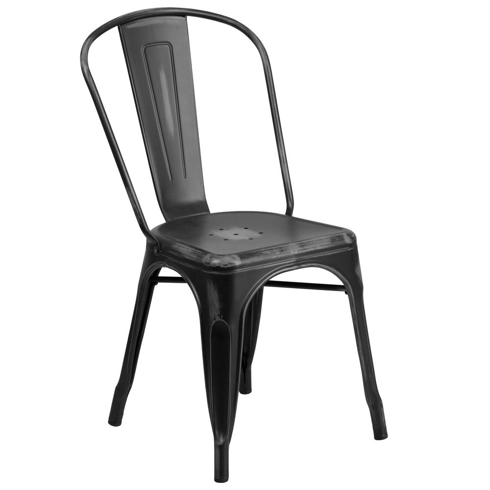 Commercial Grade Distressed Black Metal Indoor-Outdoor Stackable Chair. Picture 1