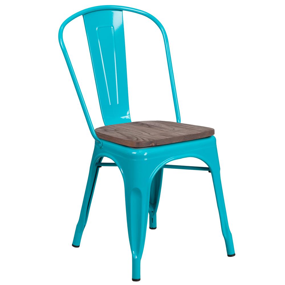 Crystal Teal-Blue Metal Stackable Chair with Wood Seat. Picture 1