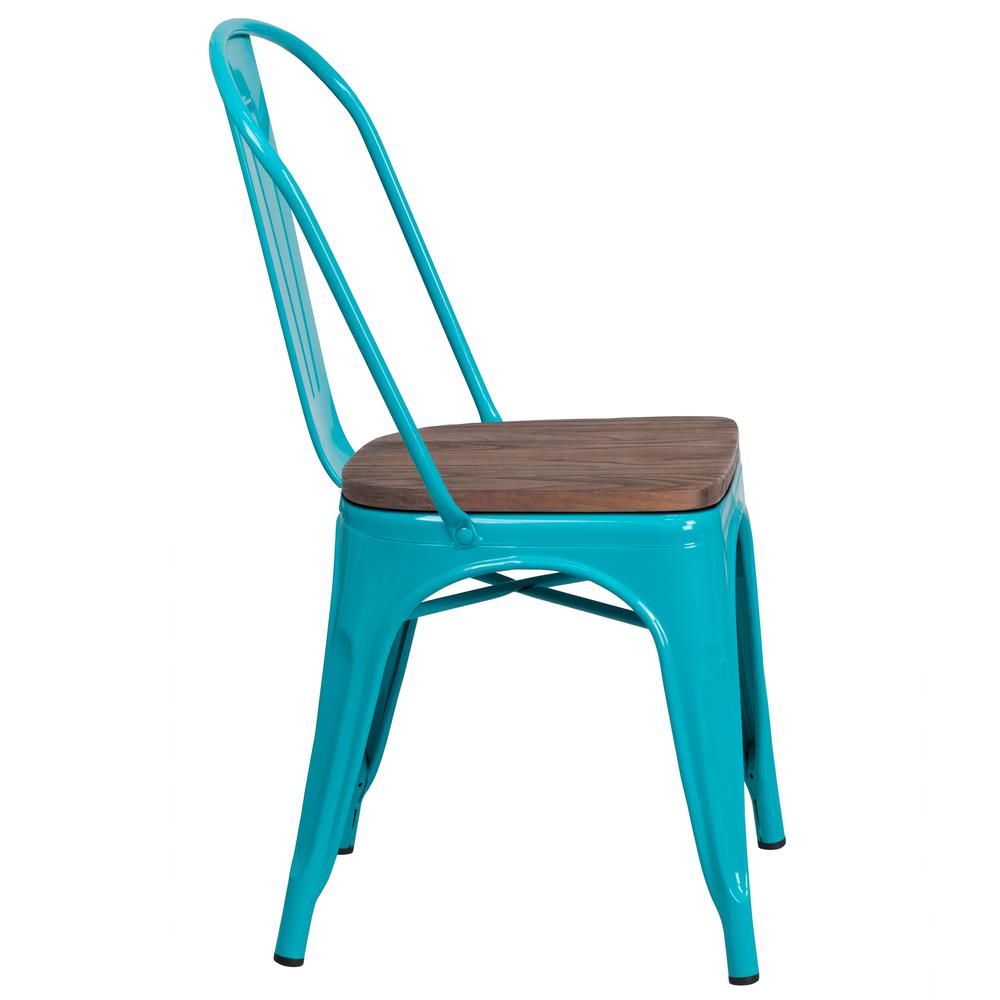 Crystal Teal-Blue Metal Stackable Chair with Wood Seat. Picture 2