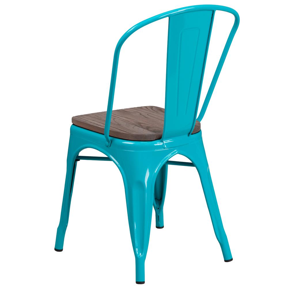 Crystal Teal-Blue Metal Stackable Chair with Wood Seat. Picture 3