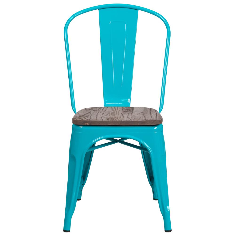 Crystal Teal-Blue Metal Stackable Chair with Wood Seat. Picture 4
