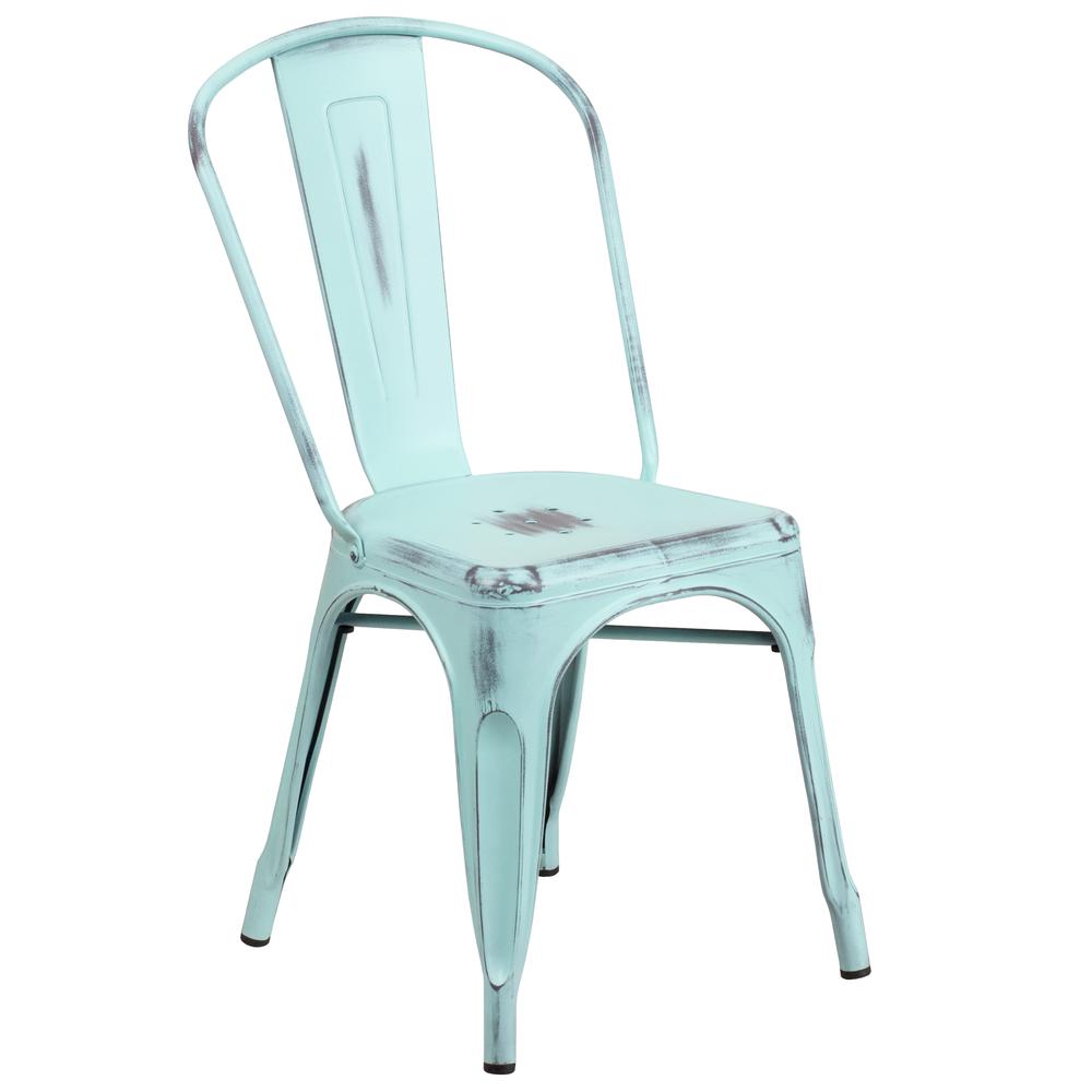 Commercial Grade Distressed Green-Blue Metal Indoor-Outdoor Stackable Chair. The main picture.