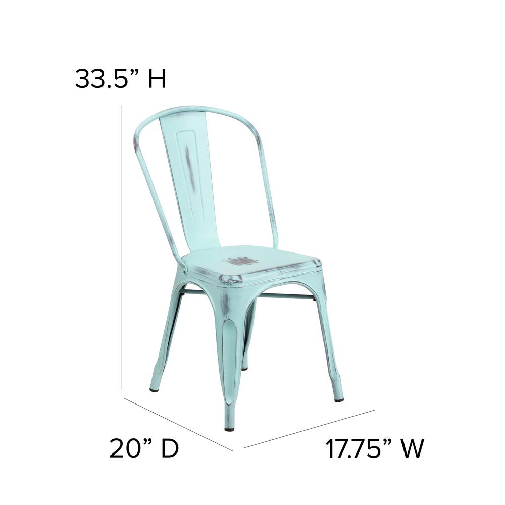 Commercial Grade Distressed Green-Blue Metal Indoor-Outdoor Stackable Chair. Picture 2
