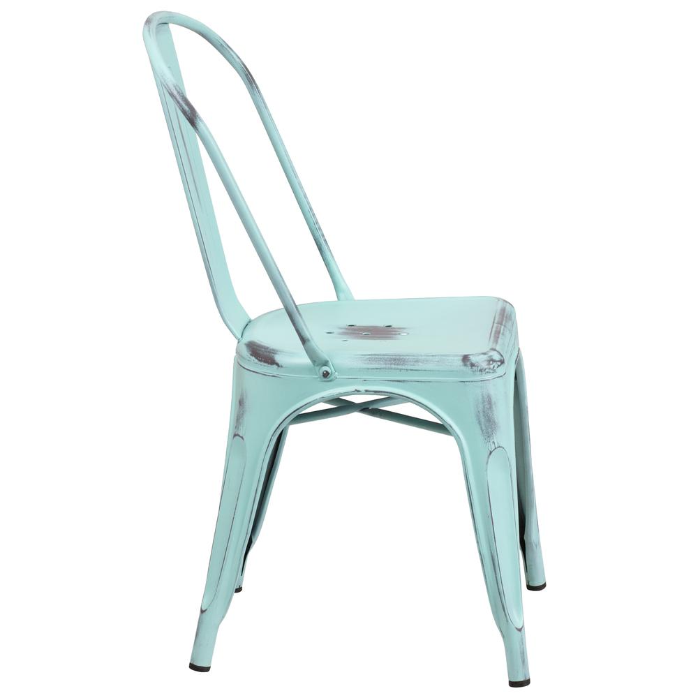 Commercial Grade Distressed Green-Blue Metal Indoor-Outdoor Stackable Chair. Picture 3