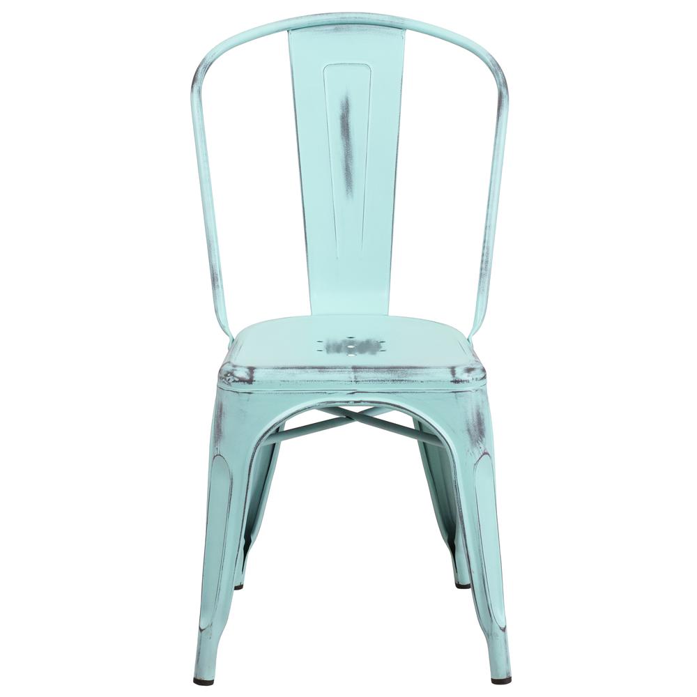 Commercial Grade Distressed Green-Blue Metal Indoor-Outdoor Stackable Chair. Picture 5