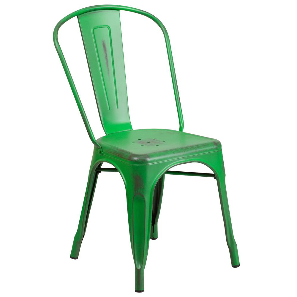 Commercial Grade Distressed Green Metal Indoor-Outdoor Stackable Chair. Picture 1