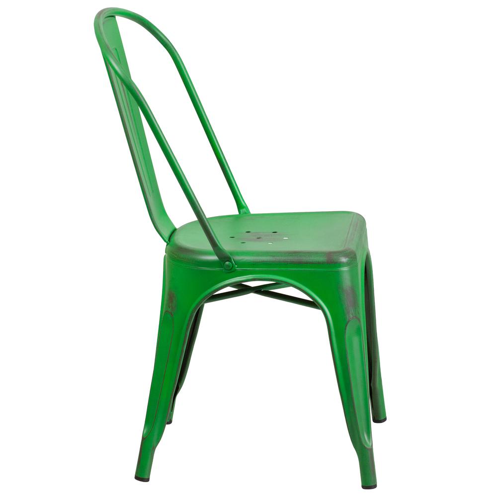 Commercial Grade Distressed Green Metal Indoor-Outdoor Stackable Chair. Picture 3