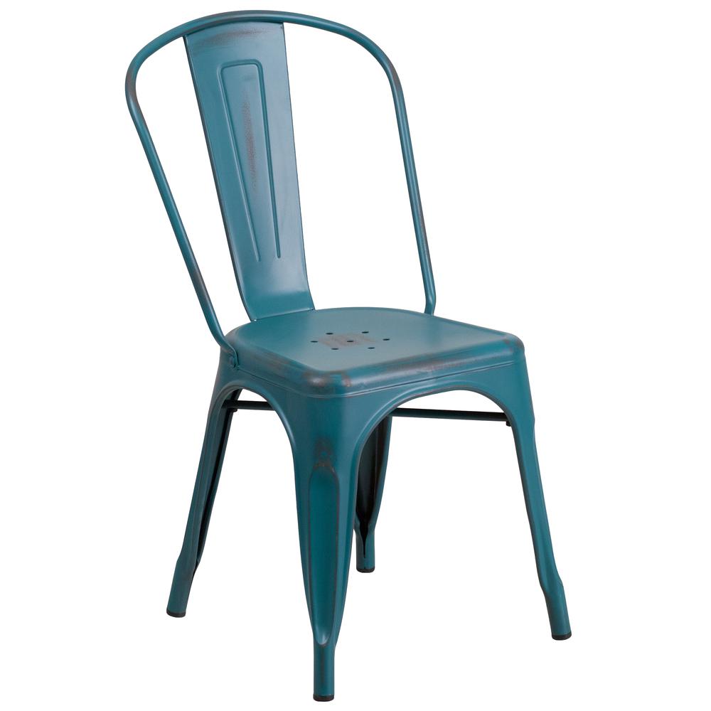 Commercial Grade Distressed Kelly Blue-Teal Metal Indoor-Outdoor Stackable Chair. Picture 1