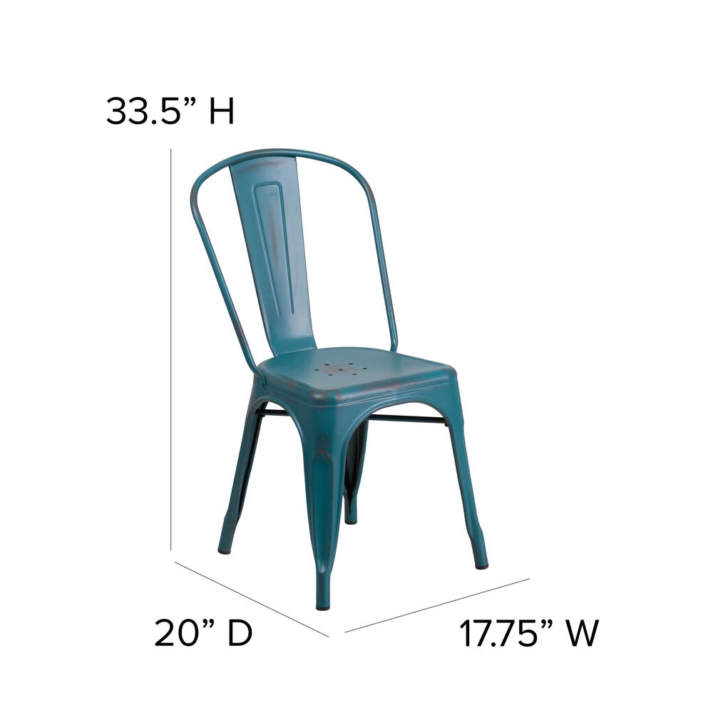 Commercial Grade Distressed Kelly Blue-Teal Metal Indoor-Outdoor Stackable Chair. Picture 2