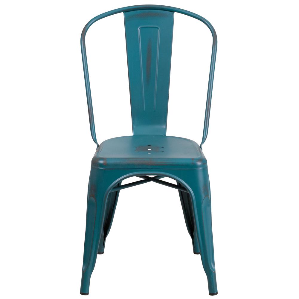 Commercial Grade Distressed Kelly Blue-Teal Metal Indoor-Outdoor Stackable Chair. Picture 5
