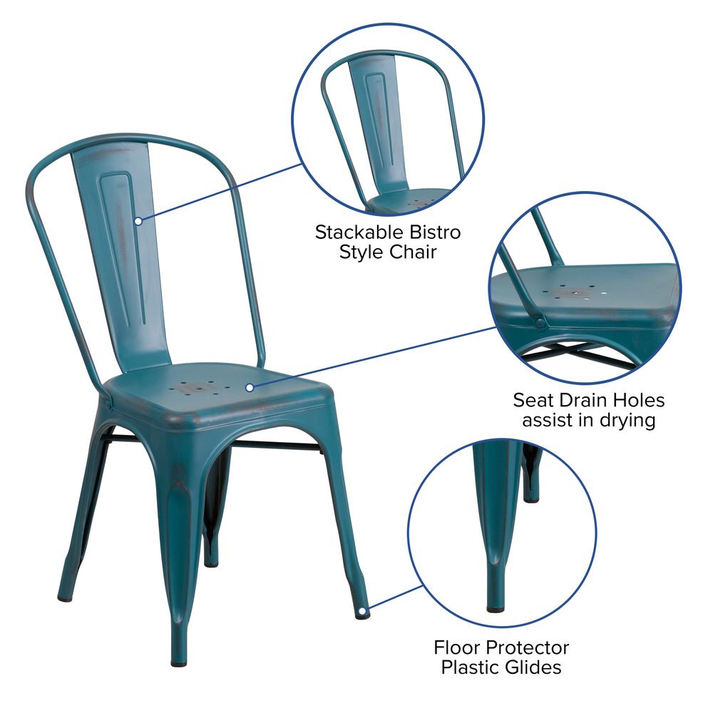 Commercial Grade Distressed Kelly Blue-Teal Metal Indoor-Outdoor Stackable Chair. Picture 6