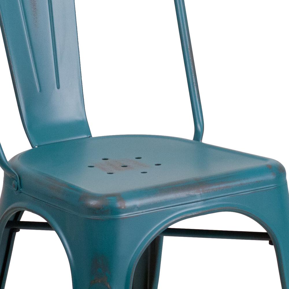 Commercial Grade Distressed Kelly Blue-Teal Metal Indoor-Outdoor Stackable Chair. Picture 7