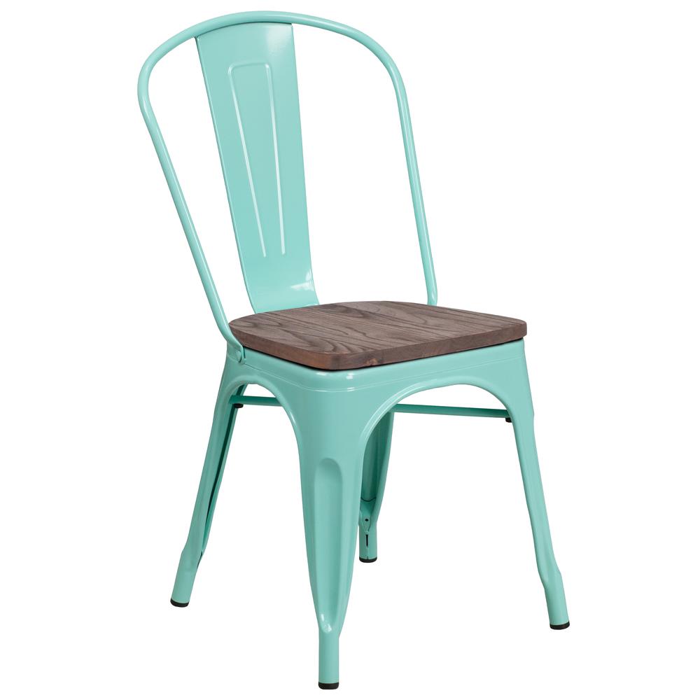 Mint Green Metal Stackable Chair with Wood Seat. Picture 1
