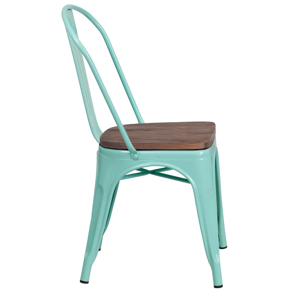 Mint Green Metal Stackable Chair with Wood Seat. Picture 2