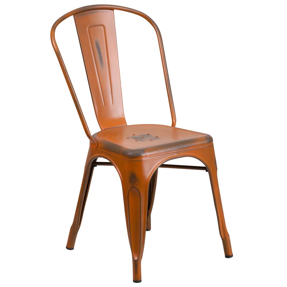Commercial Grade Distressed Orange Metal Indoor-Outdoor Stackable Chair. The main picture.