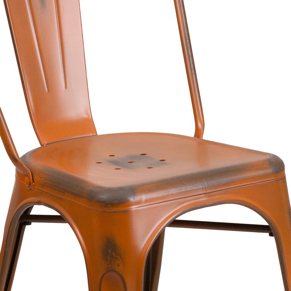 Commercial Grade Distressed Orange Metal Indoor-Outdoor Stackable Chair. Picture 6