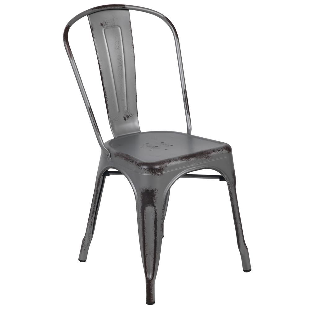 Commercial Grade Distressed Silver Gray Metal Indoor-Outdoor Stackable Chair. The main picture.