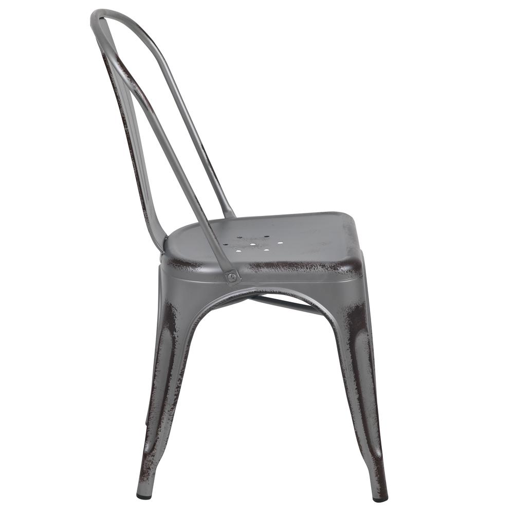 Commercial Grade Distressed Silver Gray Metal Indoor-Outdoor Stackable Chair. Picture 3