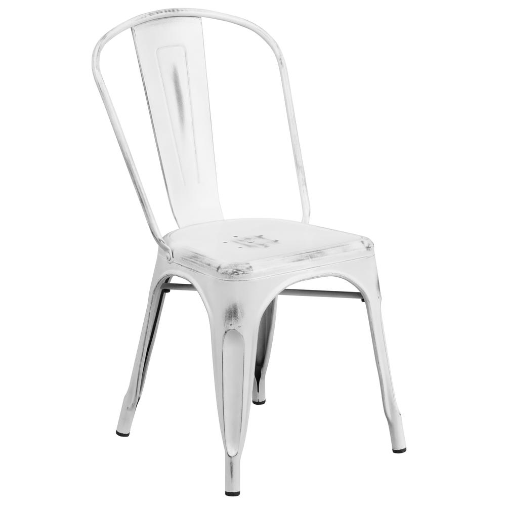 Commercial Grade Distressed White Metal Indoor-Outdoor Stackable Chair. Picture 1
