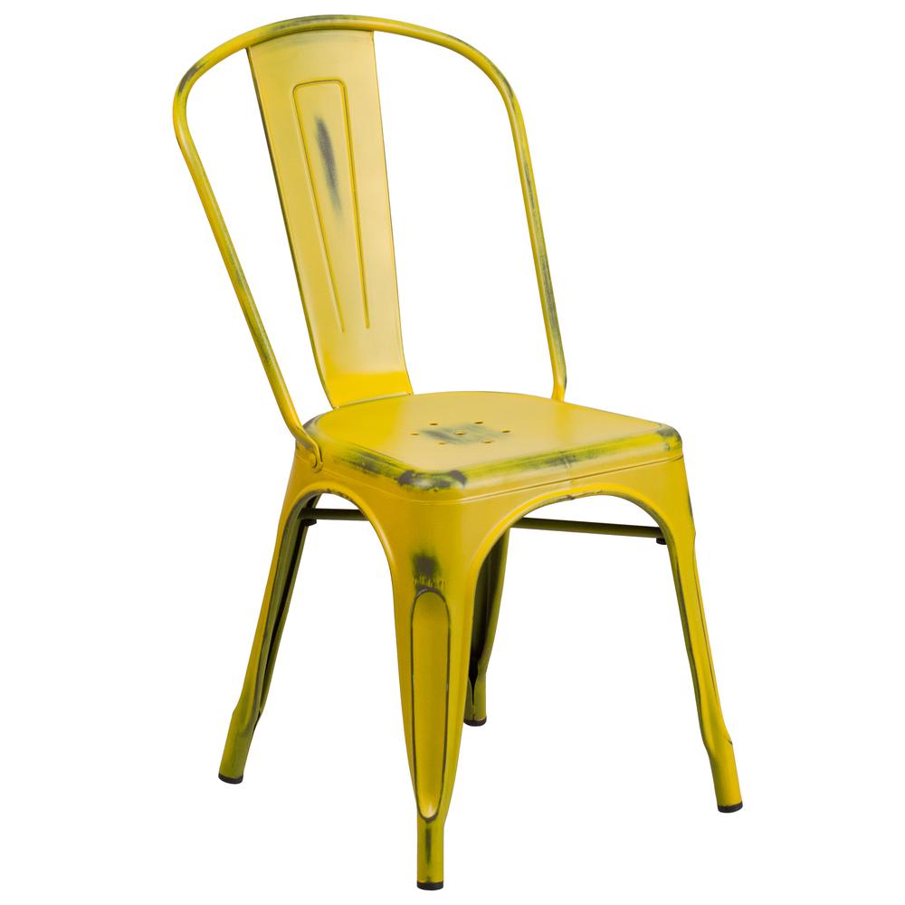 Commercial Grade Distressed Yellow Metal Indoor-Outdoor Stackable Chair. Picture 1
